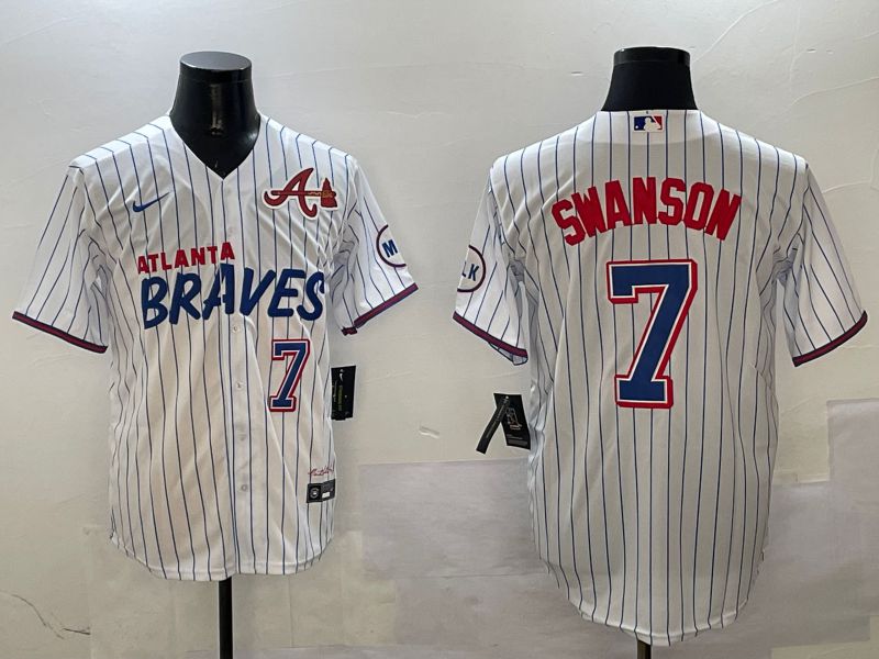 Men Atlanta Braves #7 Swanson White Stripe Fashion Game 2025 Nike MLB Jersey style 1->more jerseys->MLB Jersey
